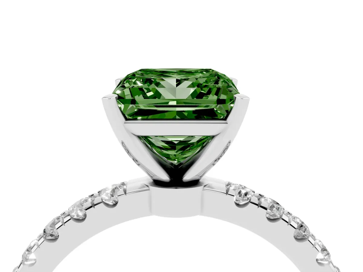 Fancy Green Princess Cut Diamond Solitaire Ring with Pavé Accents and Four-Prong Setting Platinum