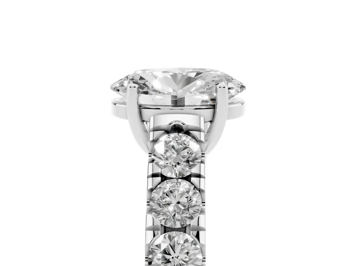 Oval Cut Cut Diamond Solitaire Ring with Micro Pave Band and Prong Setting Platinum