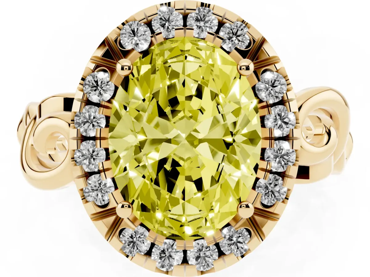 Fancy Yellow Oval Cut Cut Halo Diamond Ring with Scrollwork Band and Four-Prong Setting Yellow gold