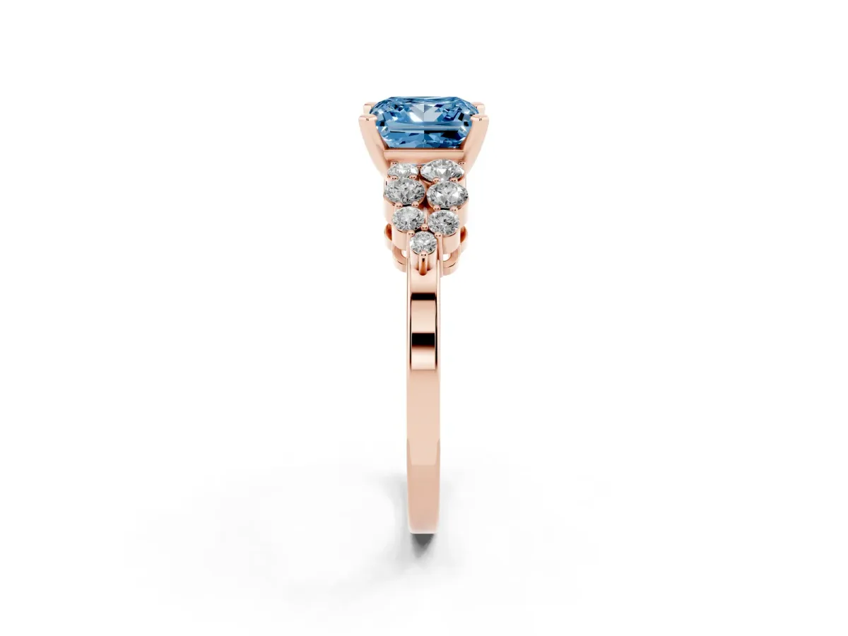 Fancy Blue Princess Cut Cluster Diamond Engagement Ring with Pavé Band and Four-Prong Setting Rose gold