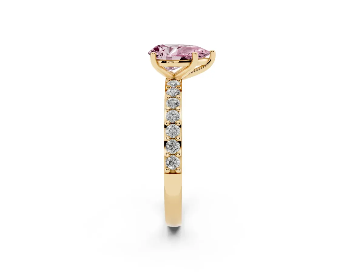 Fancy Pink Pear Cut Cut Diamond Solitaire with Pave Band and Four-Prong Setting Yellow gold