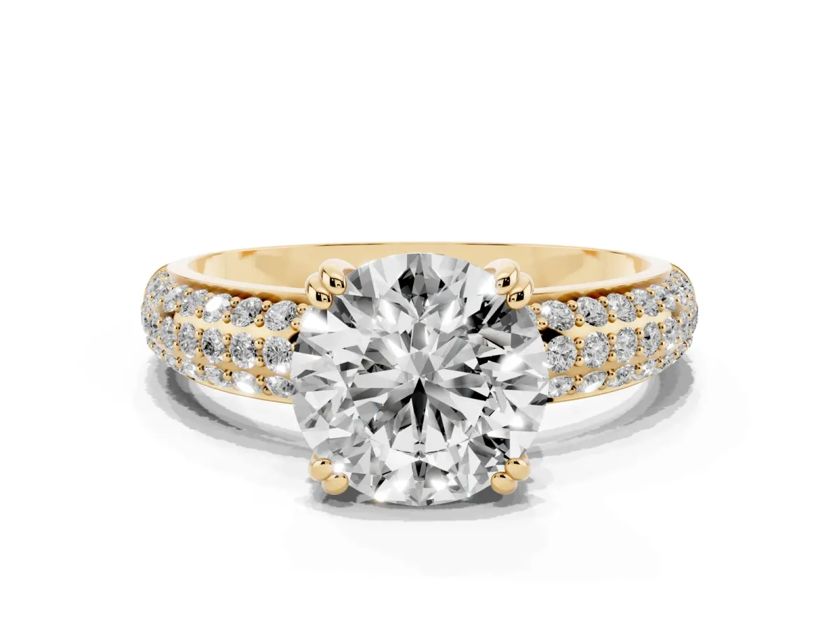 Round Cut Diamond Solitaire Ring with Multi-Row Round Pavé Band and Prong Setting Yellow gold