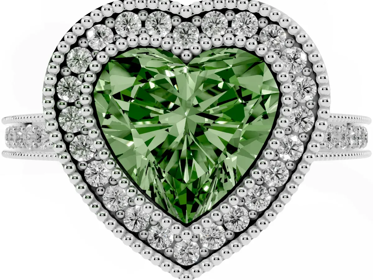 Fancy Green Heart Cut Cut Halo Diamond Ring with Pavé Band and Milgrain Prong Setting Silver