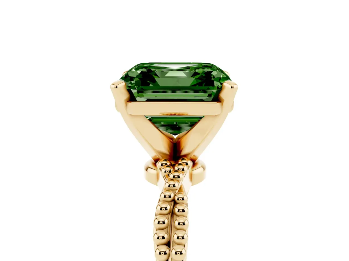 Fancy Green Asscher Cut Solitaire Twisted Band with Bead Prong Setting Yellow gold