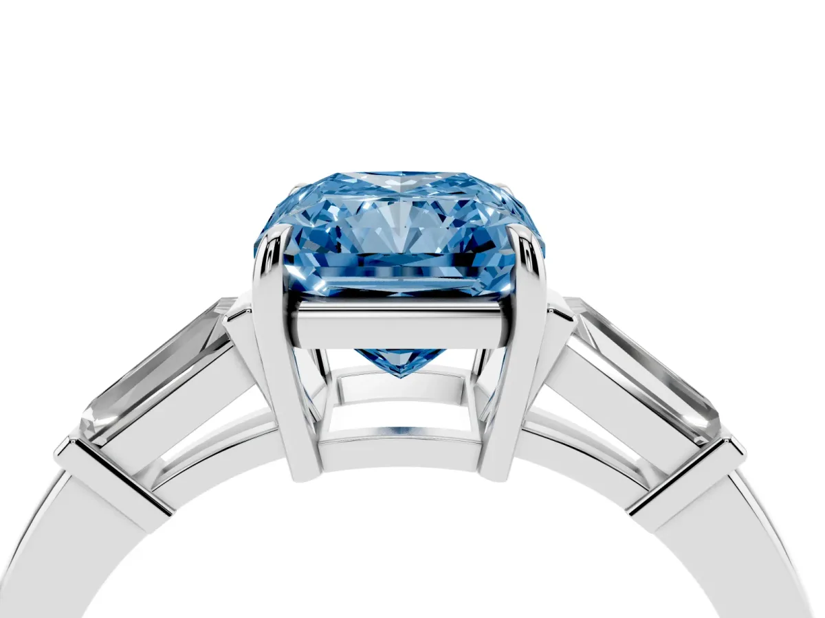 Fancy Blue Radiant Cut Diamond Three-Stone Ring with Tapered Baguette Side Stones and Prong Setting White gold