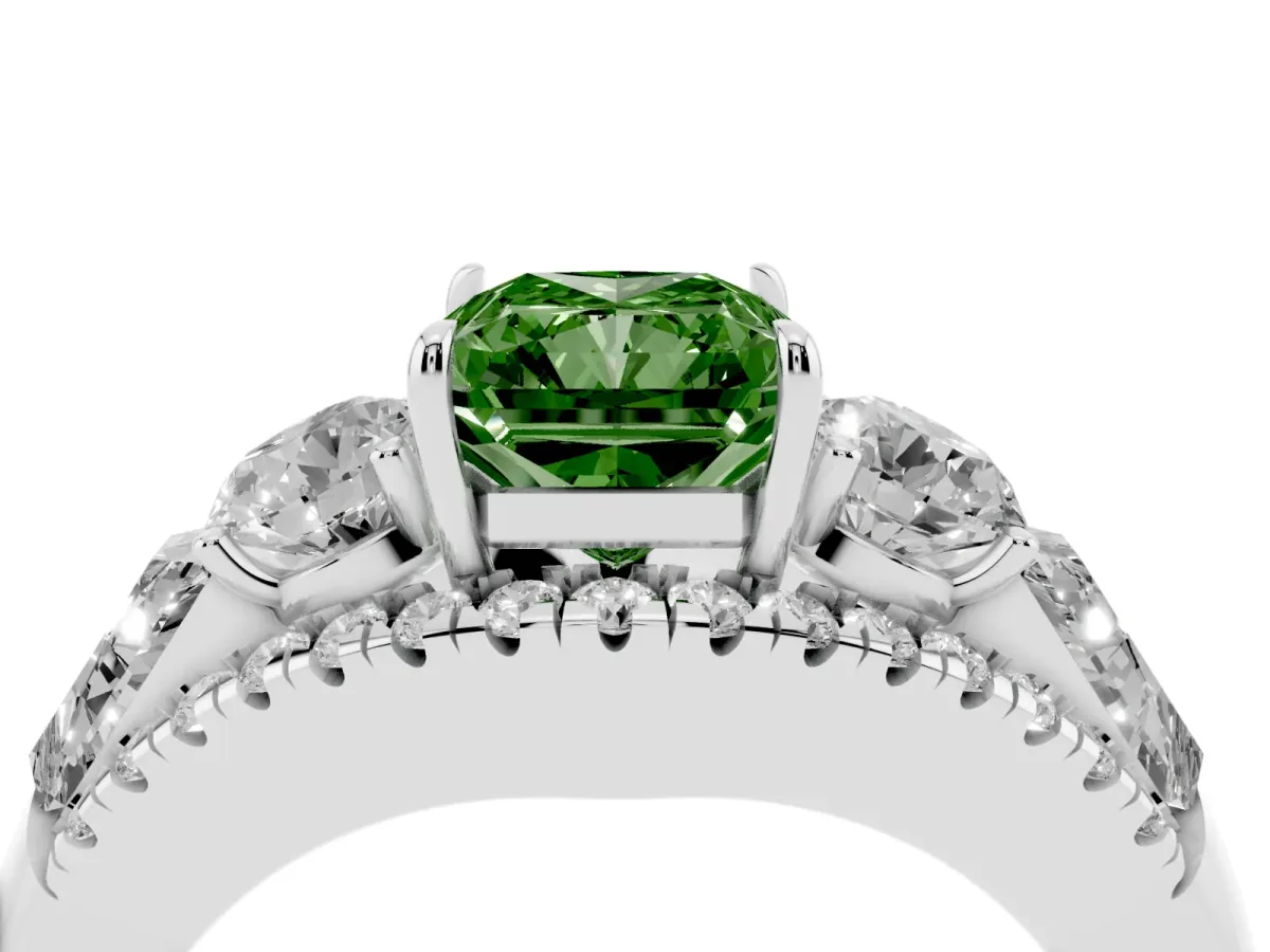 Fancy Green Three-Stone Radiant Cut Diamond Engagement Ring with Pave Band and Prong Setting Silver