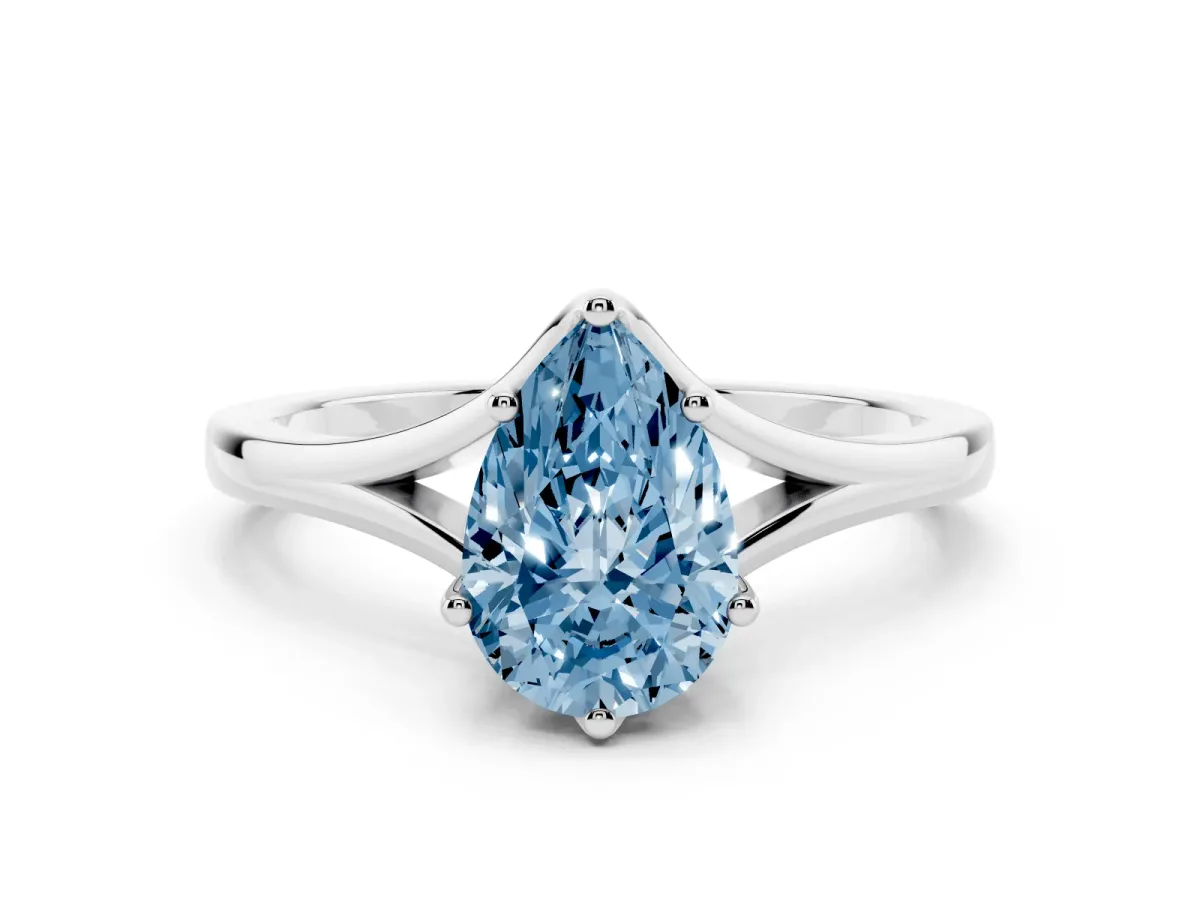 Fancy Blue Pear Cut Solitaire Diamond Ring with Six-Prong Setting and Tapered Band Platinum