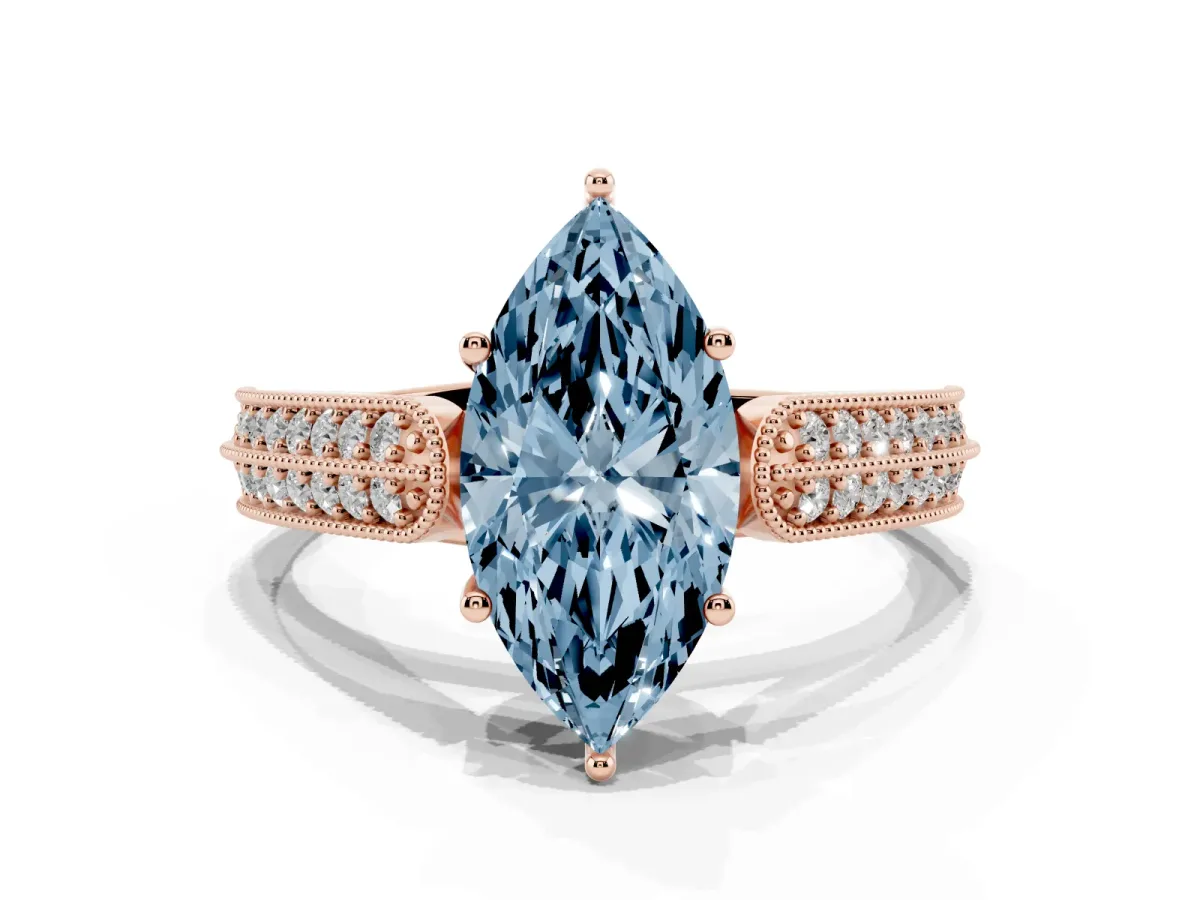 Fancy Blue Marquise Cut Cut Pave Split Shank Engagement Ring with Four-Prong Setting Rose gold