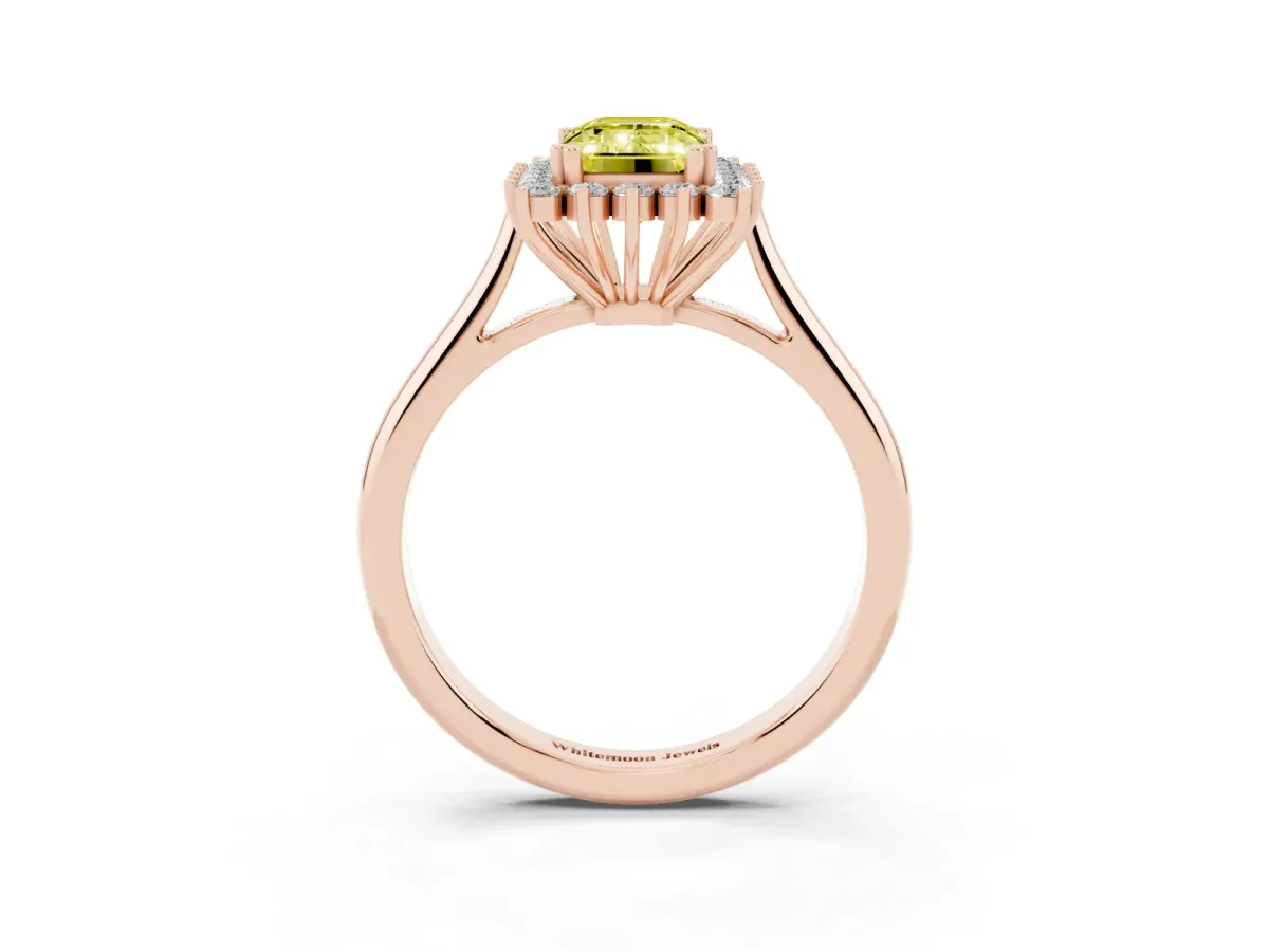 Fancy Yellow Emerald Cut Cut Diamond Halo Ring with Solitaire Band and Prong Setting Rose gold