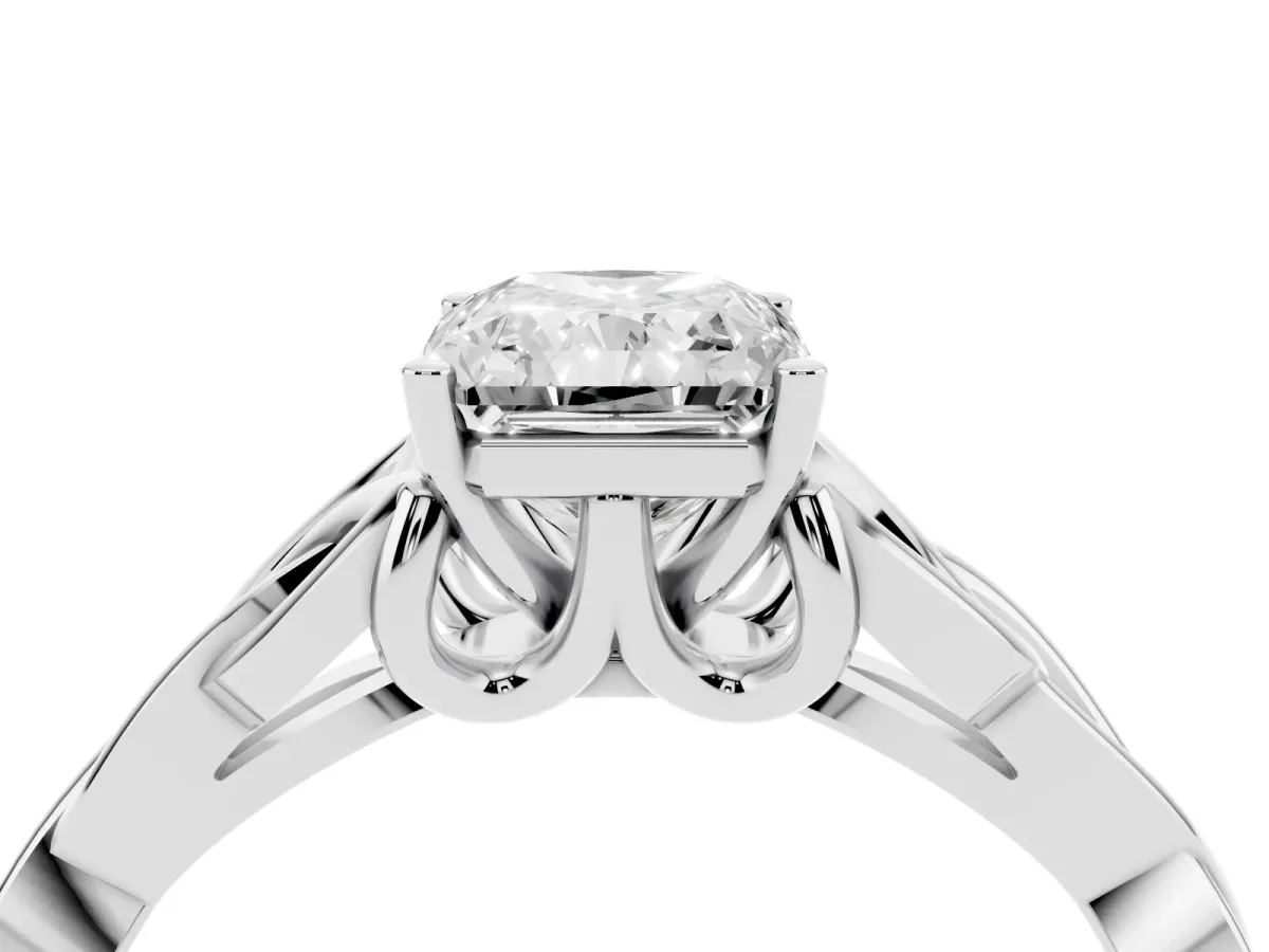 Radiant Cut Diamond Solitaire Engagement Ring with Celtic Knot Band and Four-Prong Setting Silver