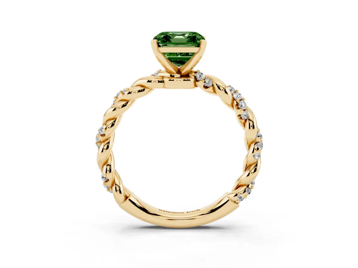 Fancy Green Asscher Cut Diamond Solitaire Ring with Twisted Band and Pavé Accents Yellow gold