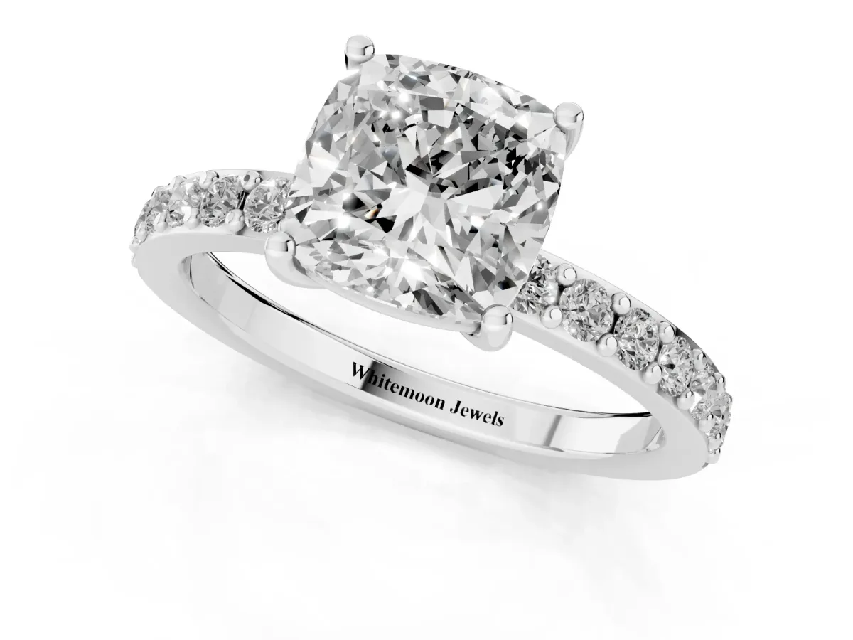 Cushion Cut Cut Diamond Solitaire with Pave Band and Four-Prong Setting Silver