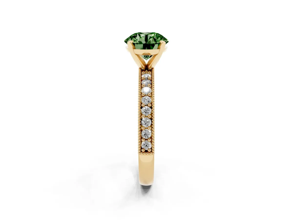 Fancy Green Round Cut Diamond Milgrain Pavé Engagement Ring with Four-Prong Setting Yellow gold