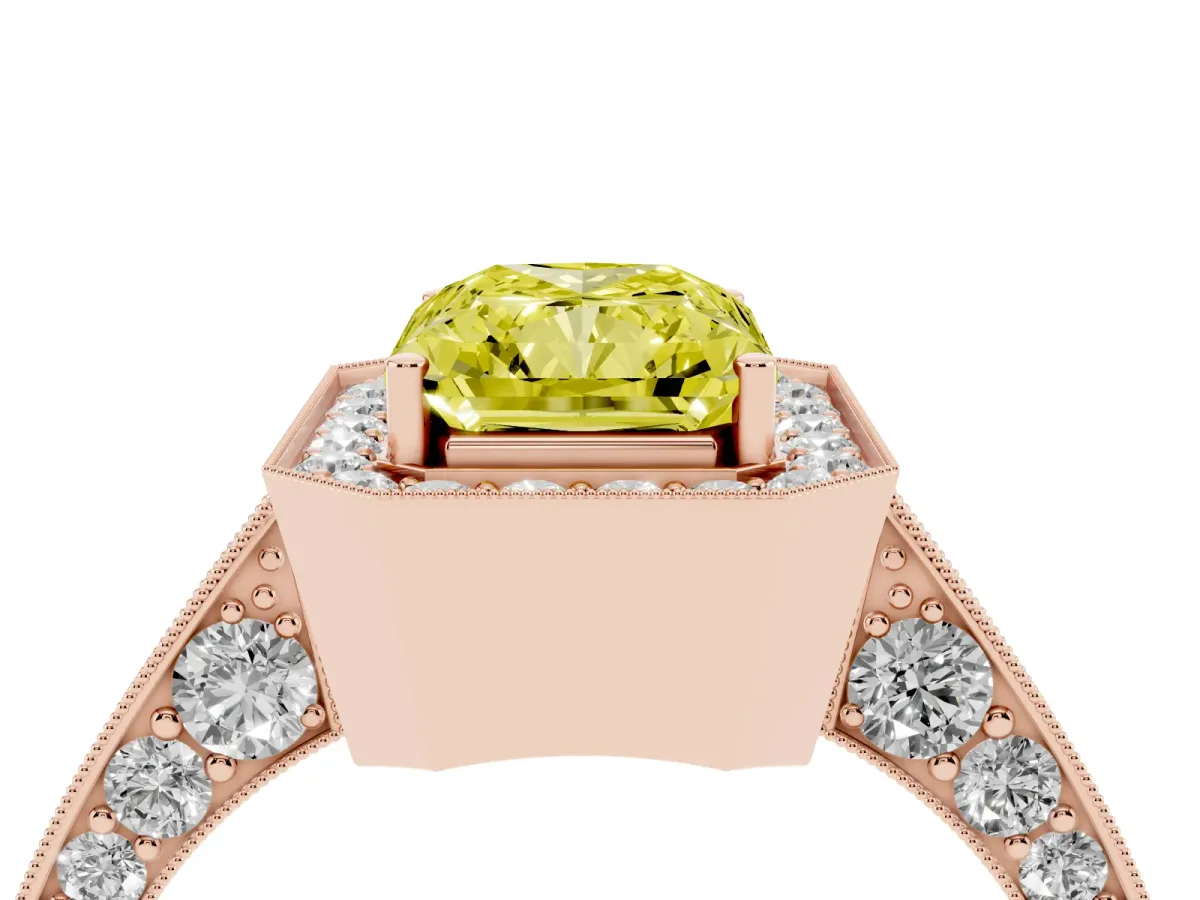Fancy Yellow Radiant Cut Halo Diamond Engagement Ring with Split Shank Band and Four-Prong Setting Rose gold