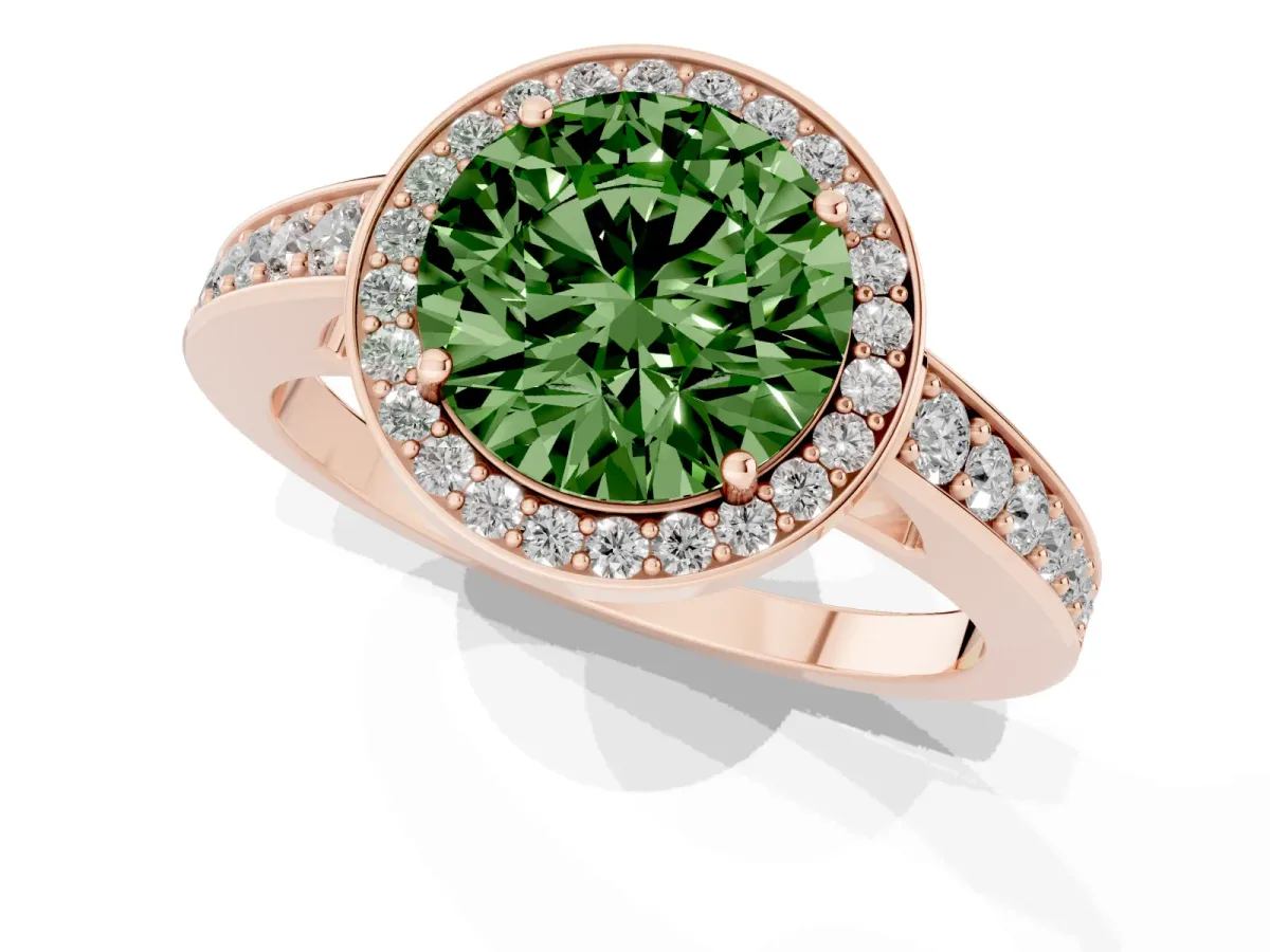 Fancy Green Round Cut Halo Pavé Diamond Engagement Ring with Bezel Setting Rose gold