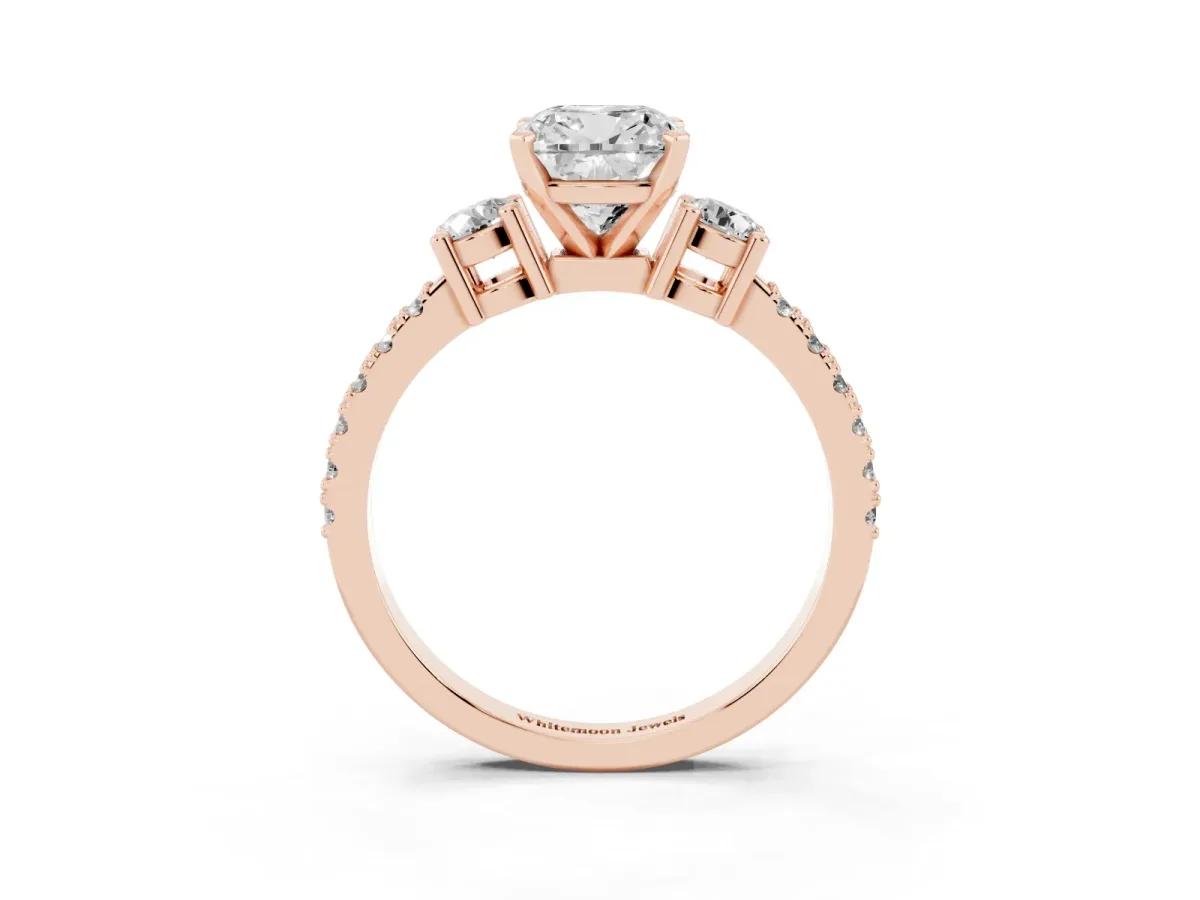 Cushion Cut Three-Stone Diamond Pavé Band with Prong Setting Rose gold