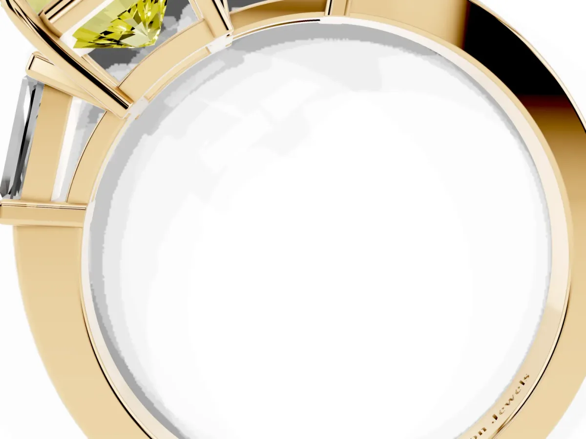Fancy Yellow Radiant Cut Diamond Three-Stone Ring with Tapered Baguette Side Stones and Prong Setting Yellow gold