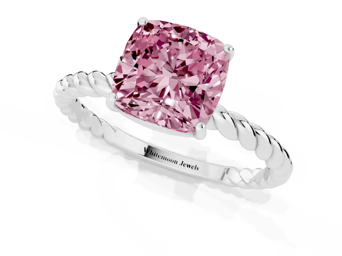 Fancy Pink Cushion Cut Solitaire Twist Band Ring with Four-Prong Setting Platinum