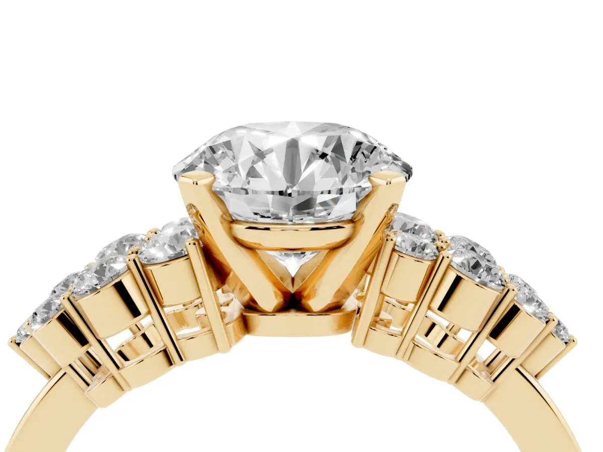 Round Cut Cluster Diamond Engagement Ring with Pavé Band and Four-Prong Setting Yellow gold