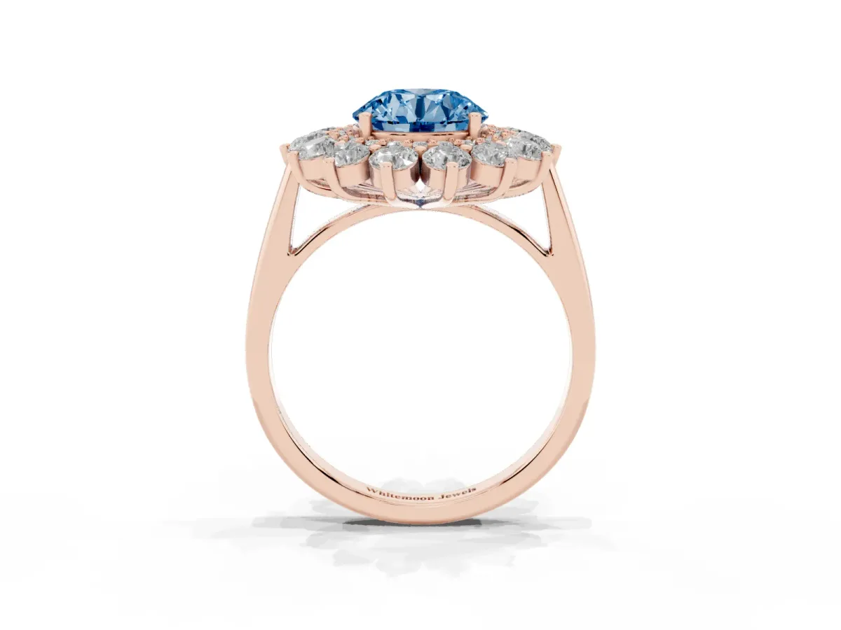 Fancy Blue Round Cut Diamond Floral Double Halo Engagement Ring with Prong Setting Rose gold