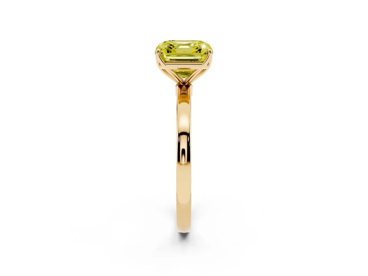 Fancy Yellow Asscher Cut Diamond Solitaire Ring with Thin Band and Prong Setting Yellow gold