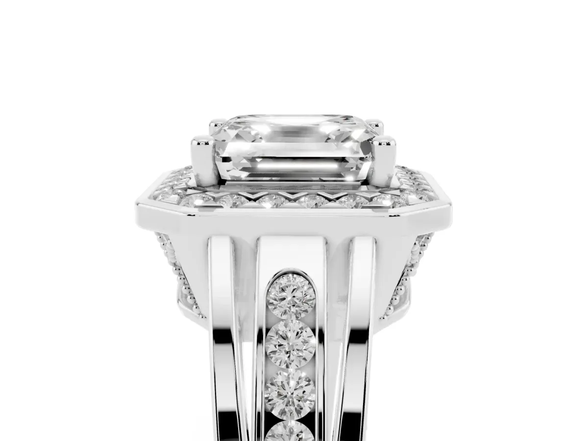 Asscher Cut Diamond Halo Ring with Split Shank and Bezel Accents and Prong Setting Silver
