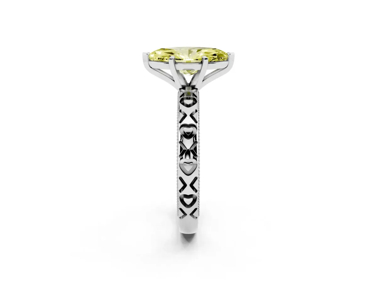 Fancy Yellow Marquise Cut Solitaire Diamond Engagement Ring with XO Engraved Band and Four-Prong Setting White gold