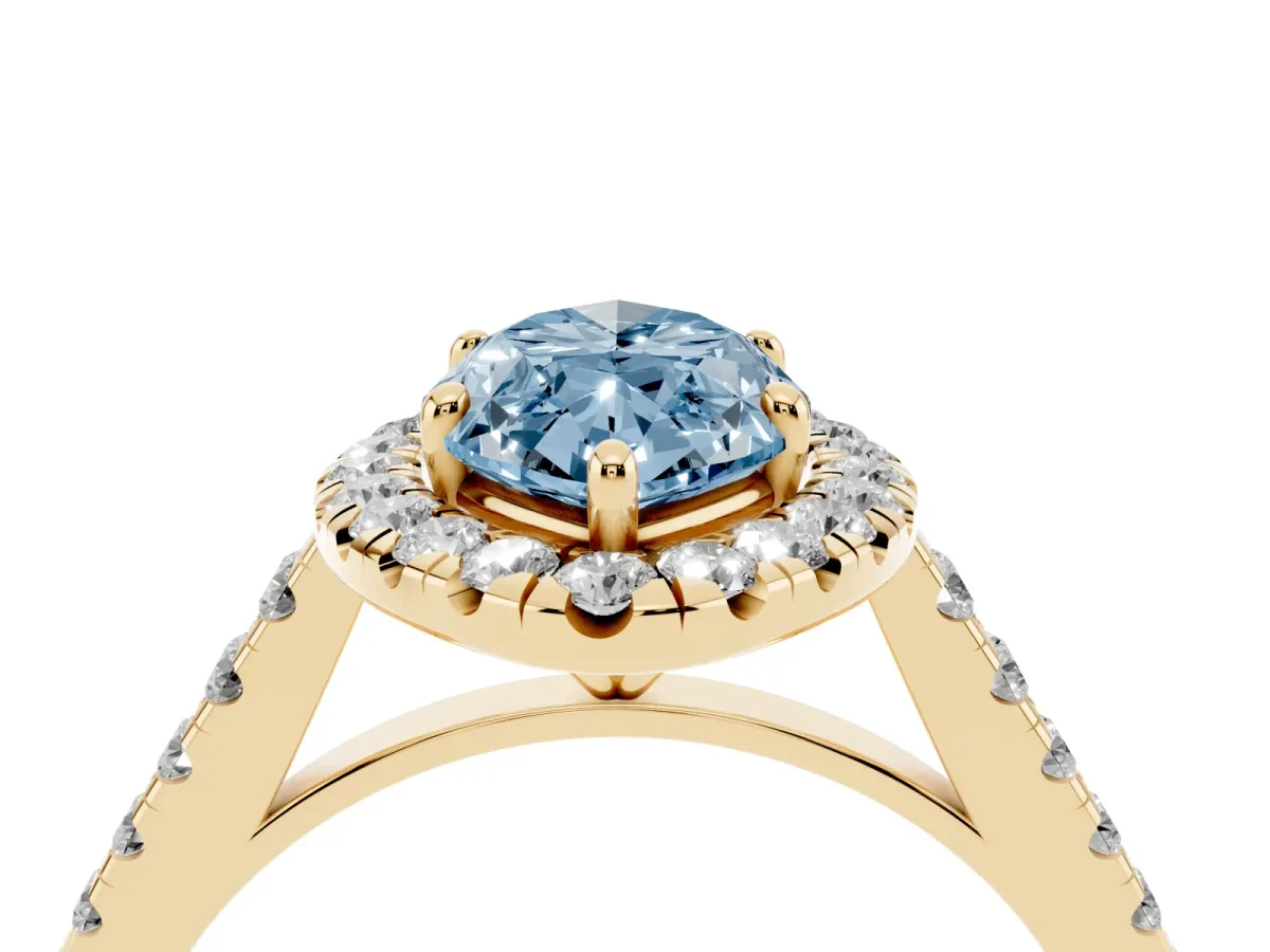 Fancy Blue Marquise Cut Halo Pave Diamond Engagement Ring with Four-Prong Setting Yellow gold