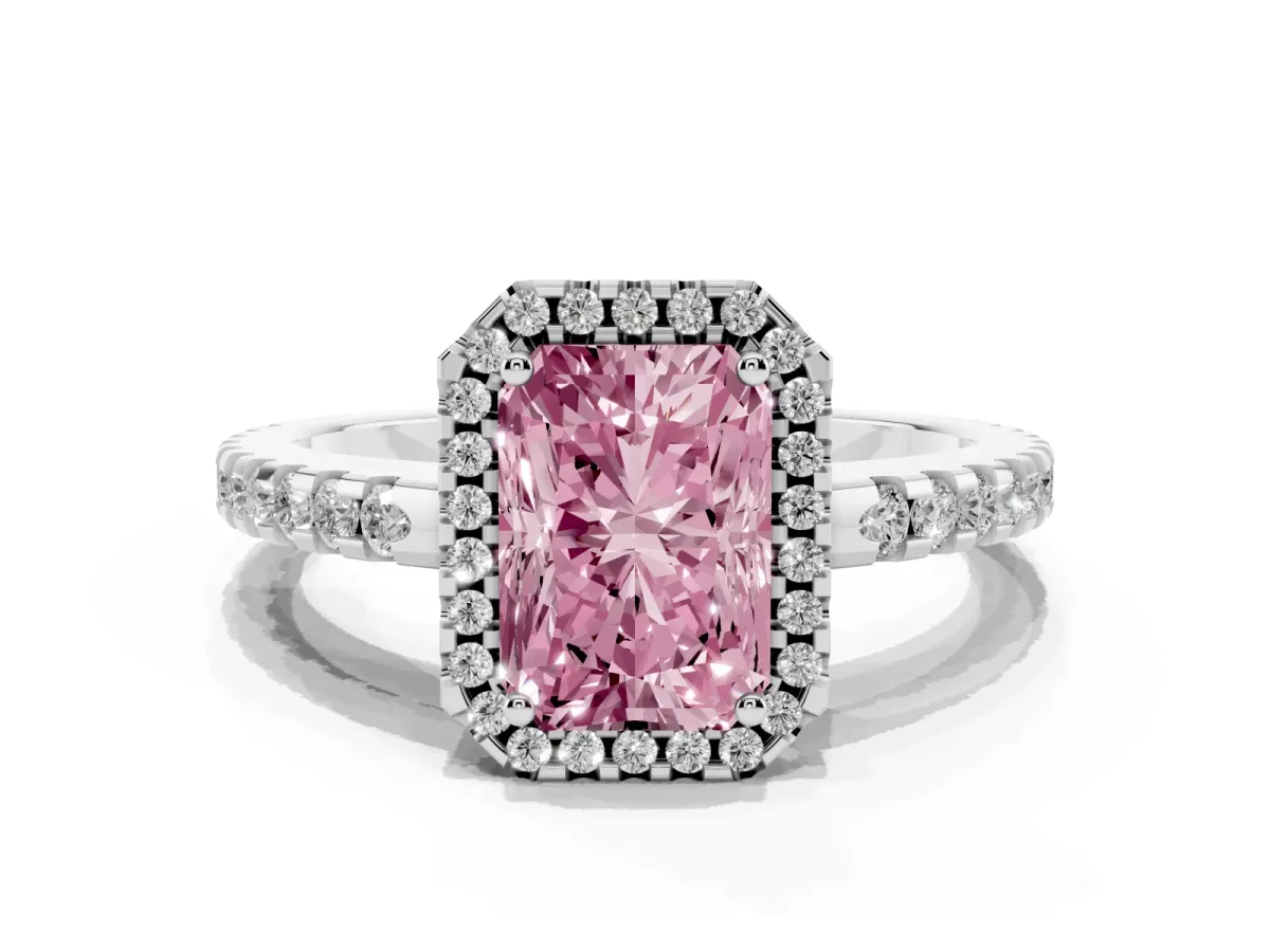 Fancy Pink Radiant Cut Diamond Halo Engagement Ring with Pavé Band and Prong Setting Silver