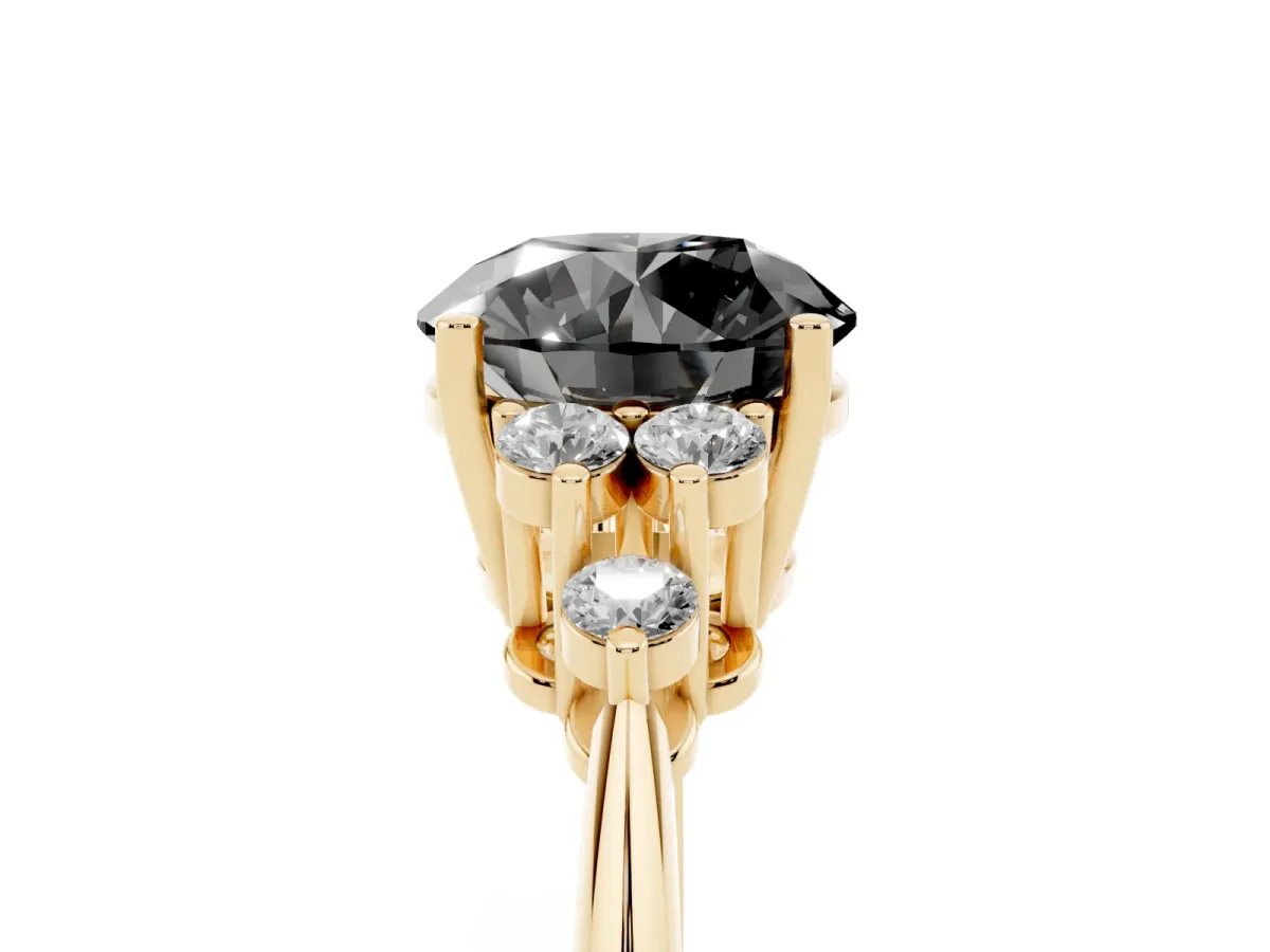 Fancy Black Round Cut Cut Diamond Cluster Ring with Solitaire Band and Four-Prong Setting Yellow gold