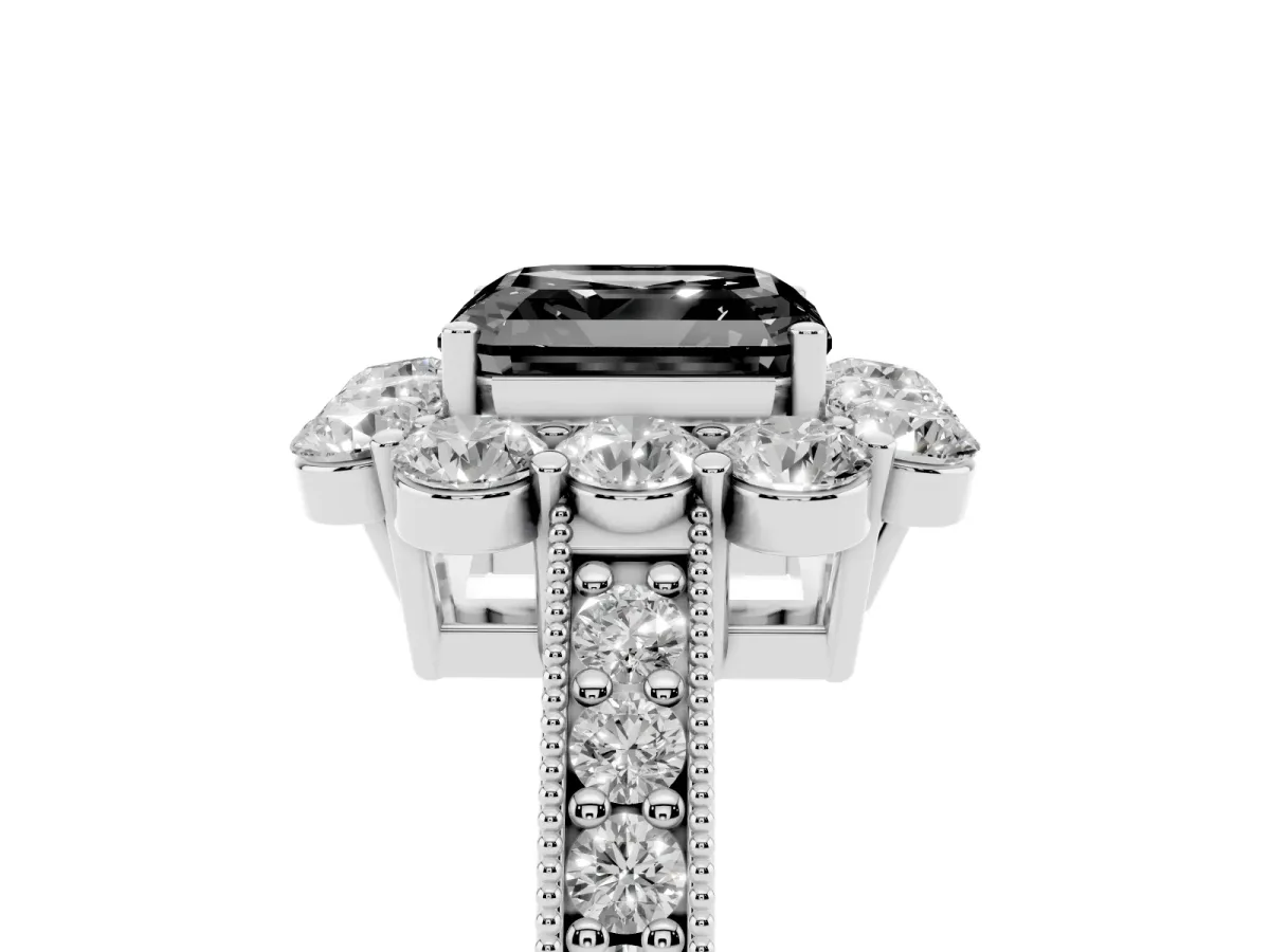 Fancy Black Asscher Cut Cut Halo Diamond Pavé Engagement Ring with Milgrain Detailing Platinum