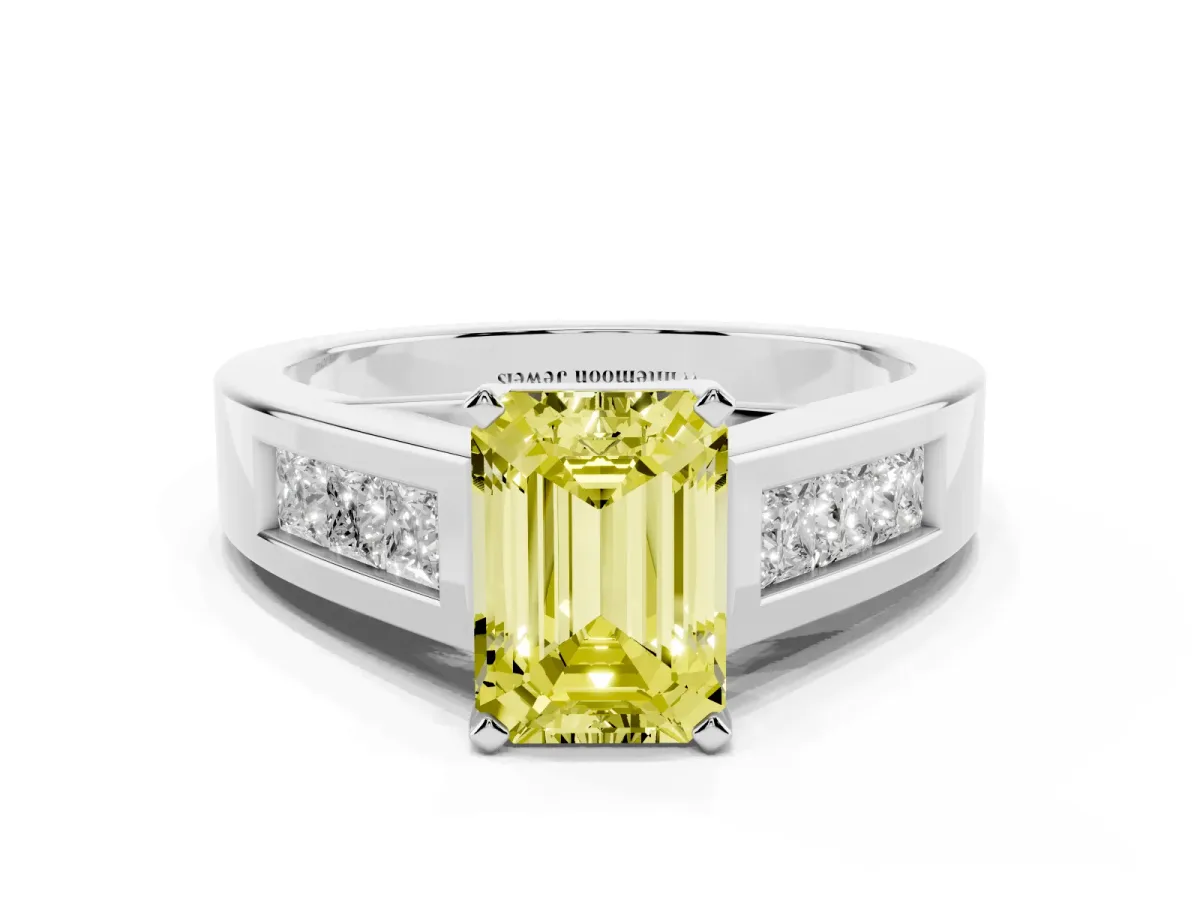 Fancy Yellow Emerald Cut Cut Channel Set Solitaire Ring with Four-Prong Setting Silver