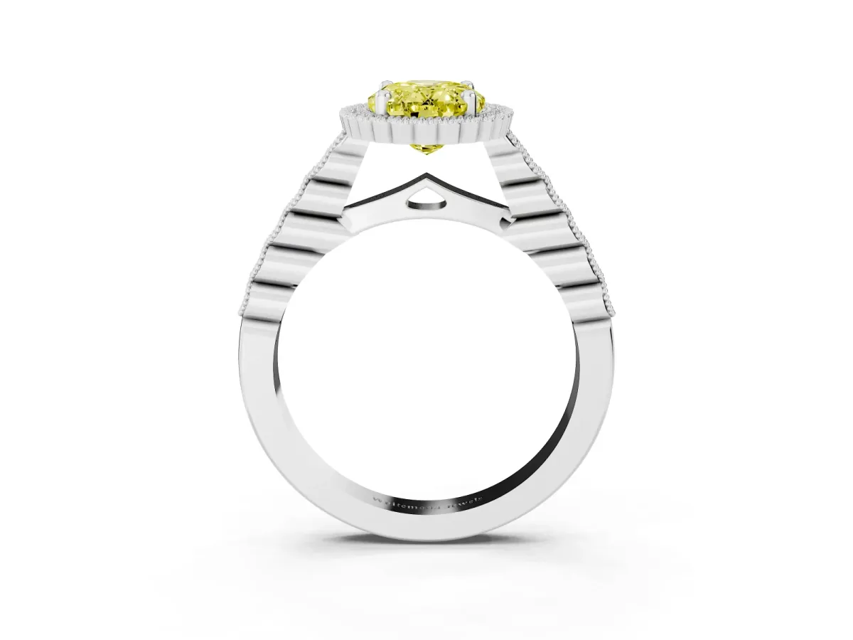 Fancy Yellow Oval Cut Cut Halo Pavé Solitaire Ring with Milgrain Band Silver