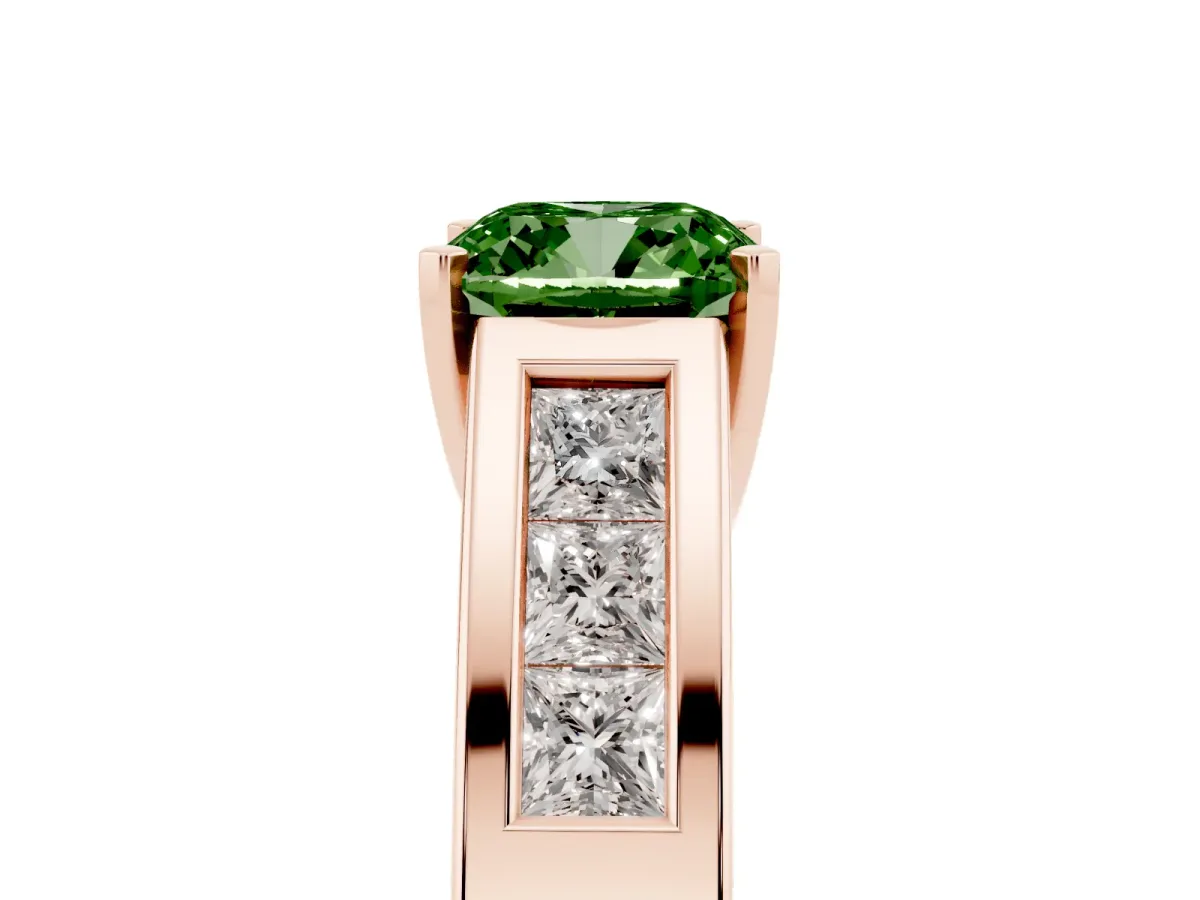 Fancy Green Cushion Cut Cut Channel Set Solitaire Ring with Four-Prong Setting Rose gold