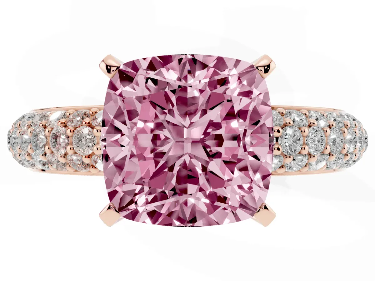 Fancy Pink Cushion Cut Diamond Solitaire Ring with Prong Setting and Pavé Band Rose gold