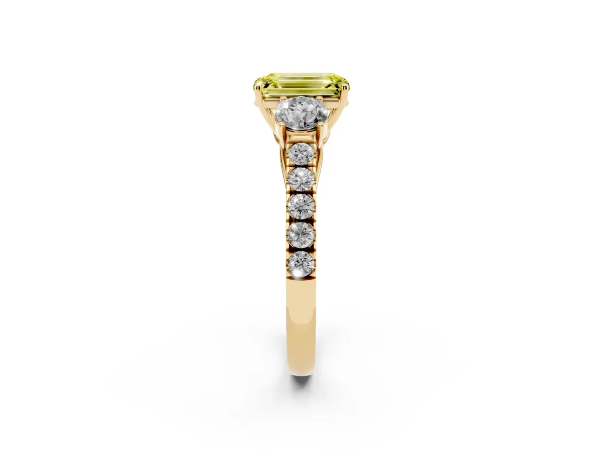 Fancy Yellow Emerald Cut Cut Diamond Three-Stone Ring with Round Side Stones and Pavé Band Yellow gold