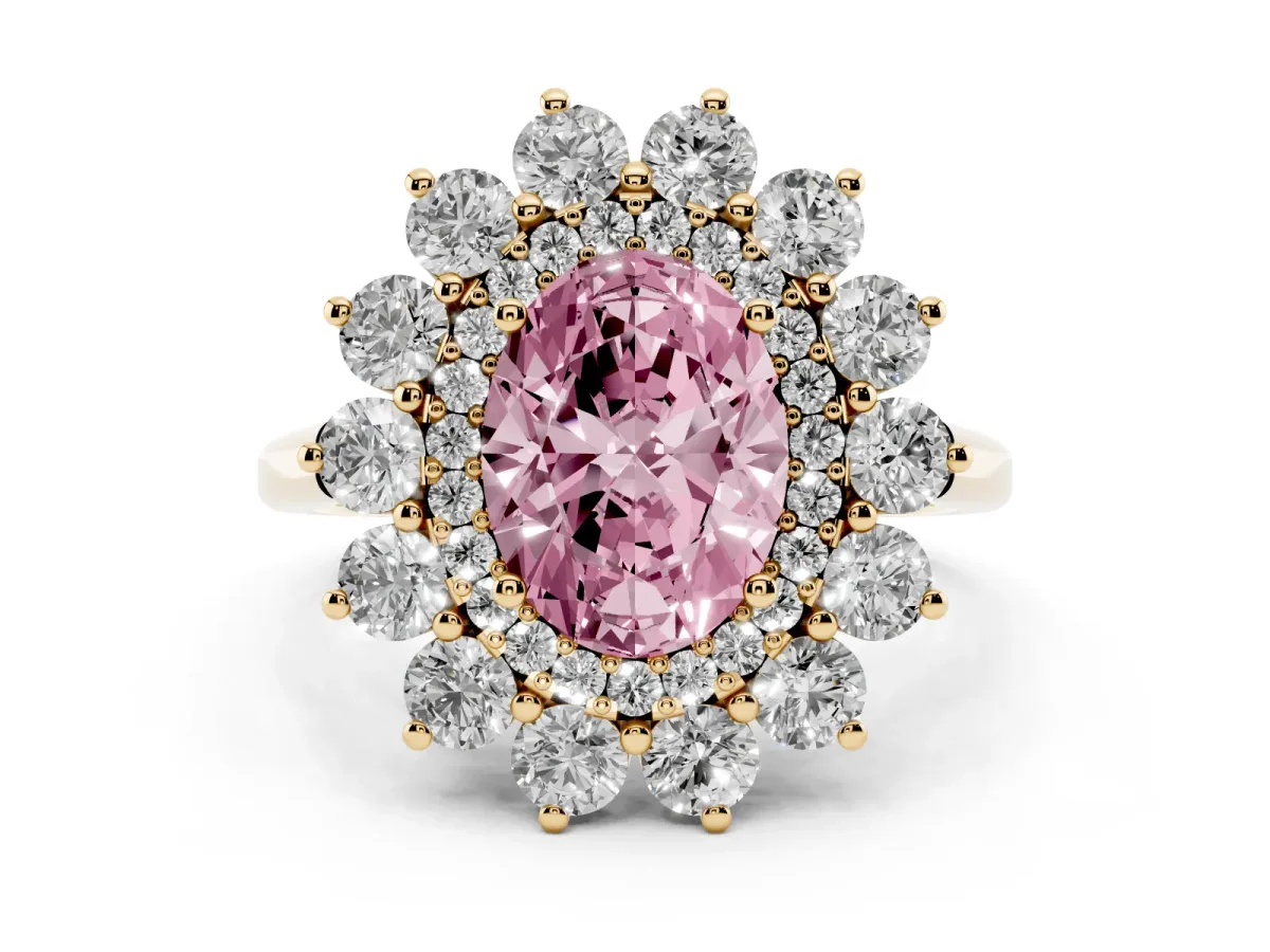 Fancy Pink Oval Cut Diamond Floral Double Halo Engagement Ring with Prong Setting Yellow gold