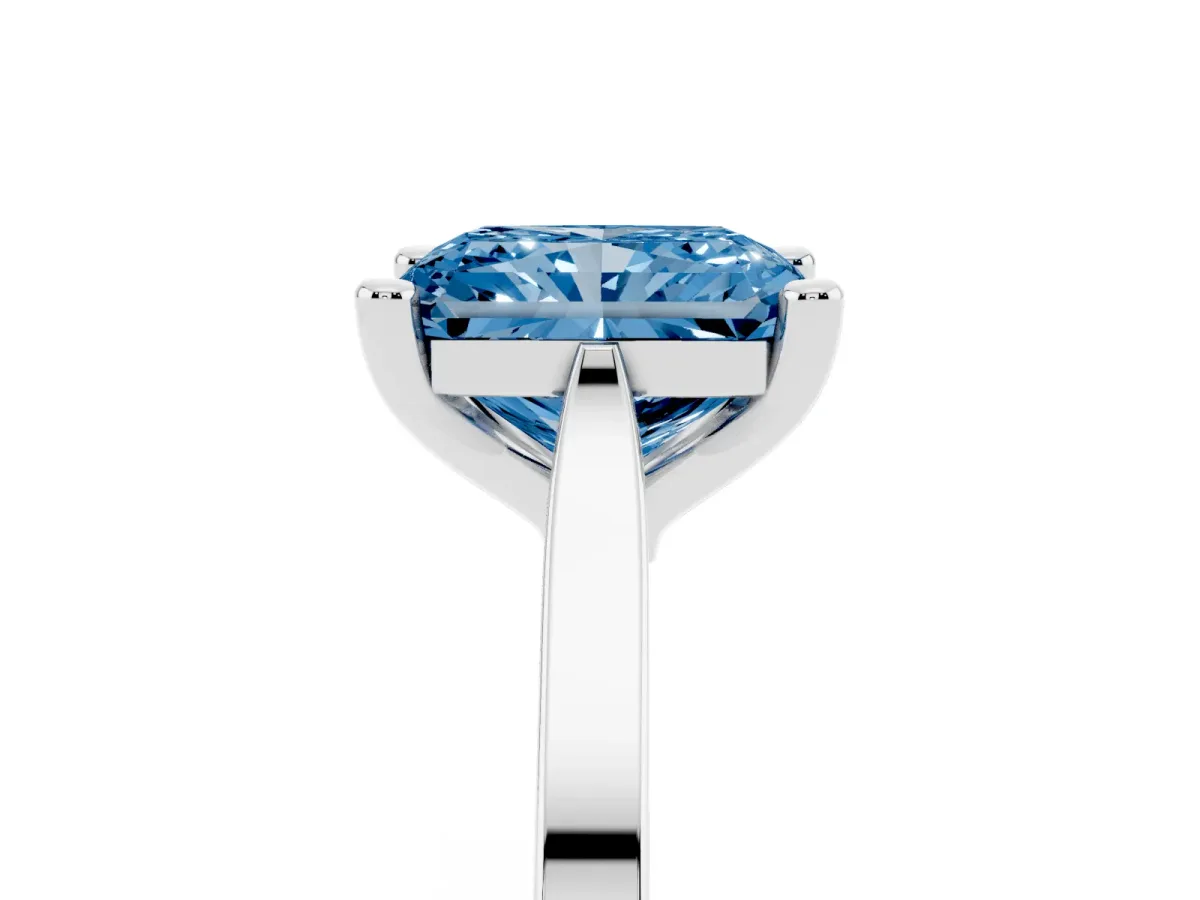 Fancy Blue Radiant Cut Solitaire Diamond Ring with Four-Prong Setting and Tapered Band Silver