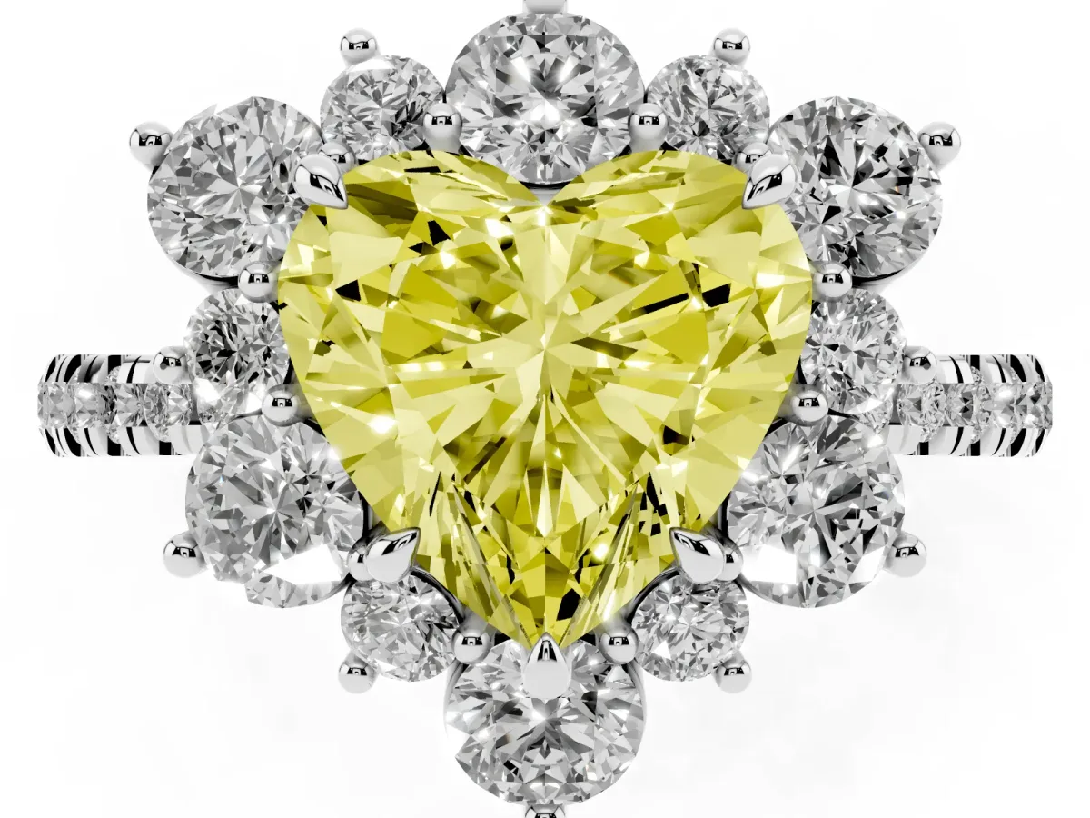 Fancy Yellow Heart Cut Diamond Floral Halo Ring with Round Pavé Band and Prong Setting Silver