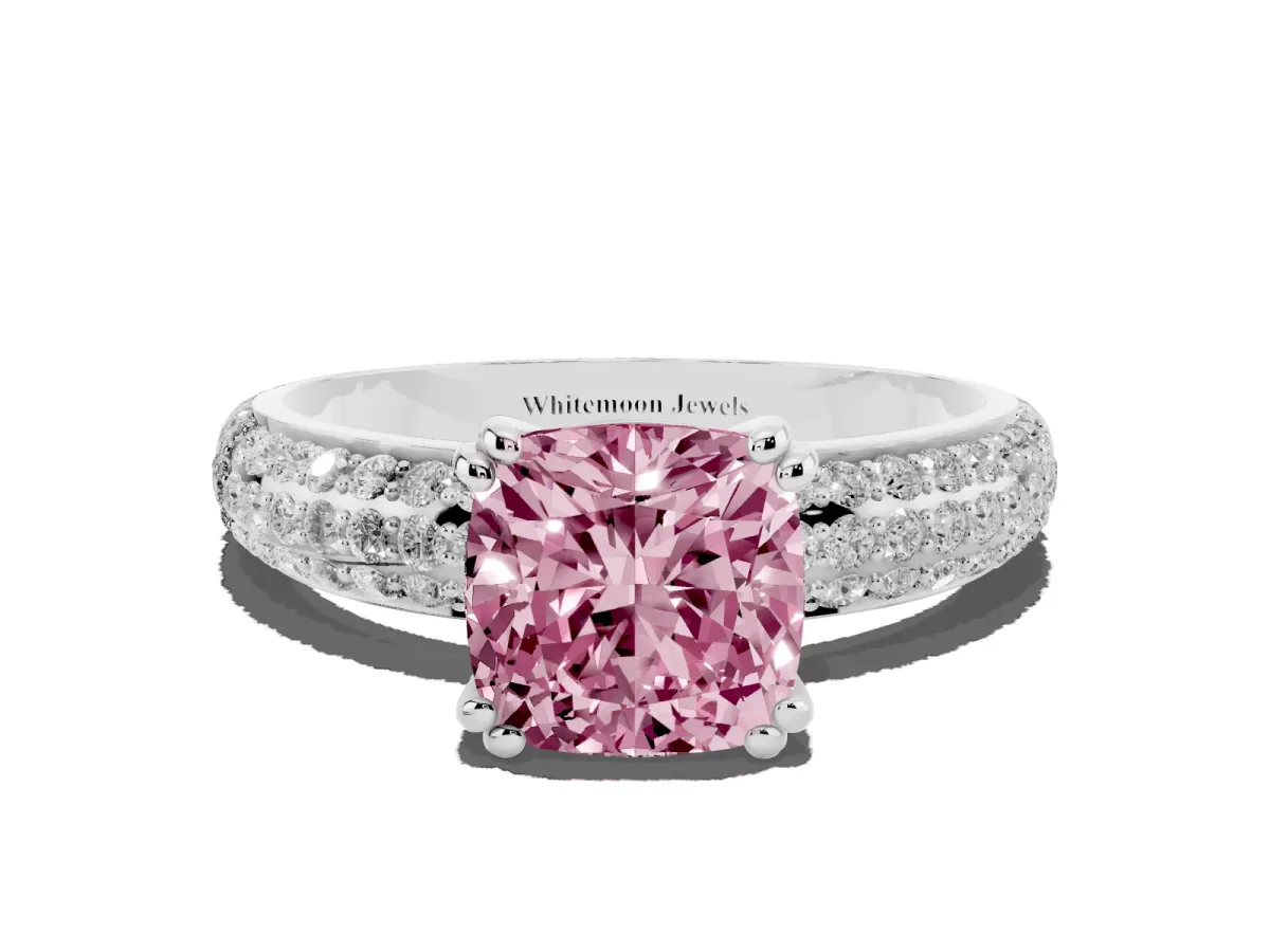 Fancy Pink Cushion Cut Diamond Solitaire Ring with Multi-Row Round Pavé Band and Prong Setting Silver
