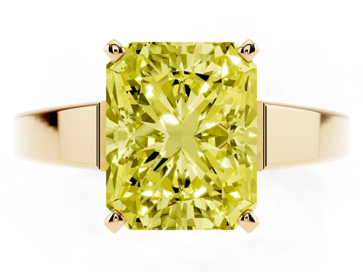 Fancy Yellow Radiant Cut Solitaire Engagement Ring with Four-Prong Setting and Tapered Band Yellow gold