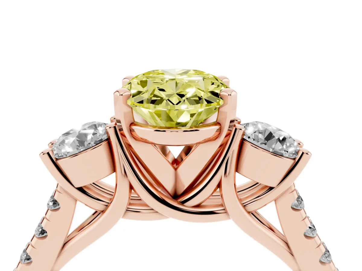 Fancy Yellow Three-Stone Oval Cut Diamond Pavé Band with Four-Prong Setting Rose gold