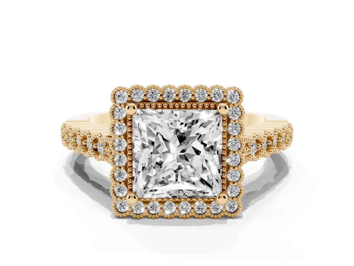 Princess Cut Cut Halo Pavé Solitaire Ring with Milgrain Band Yellow gold