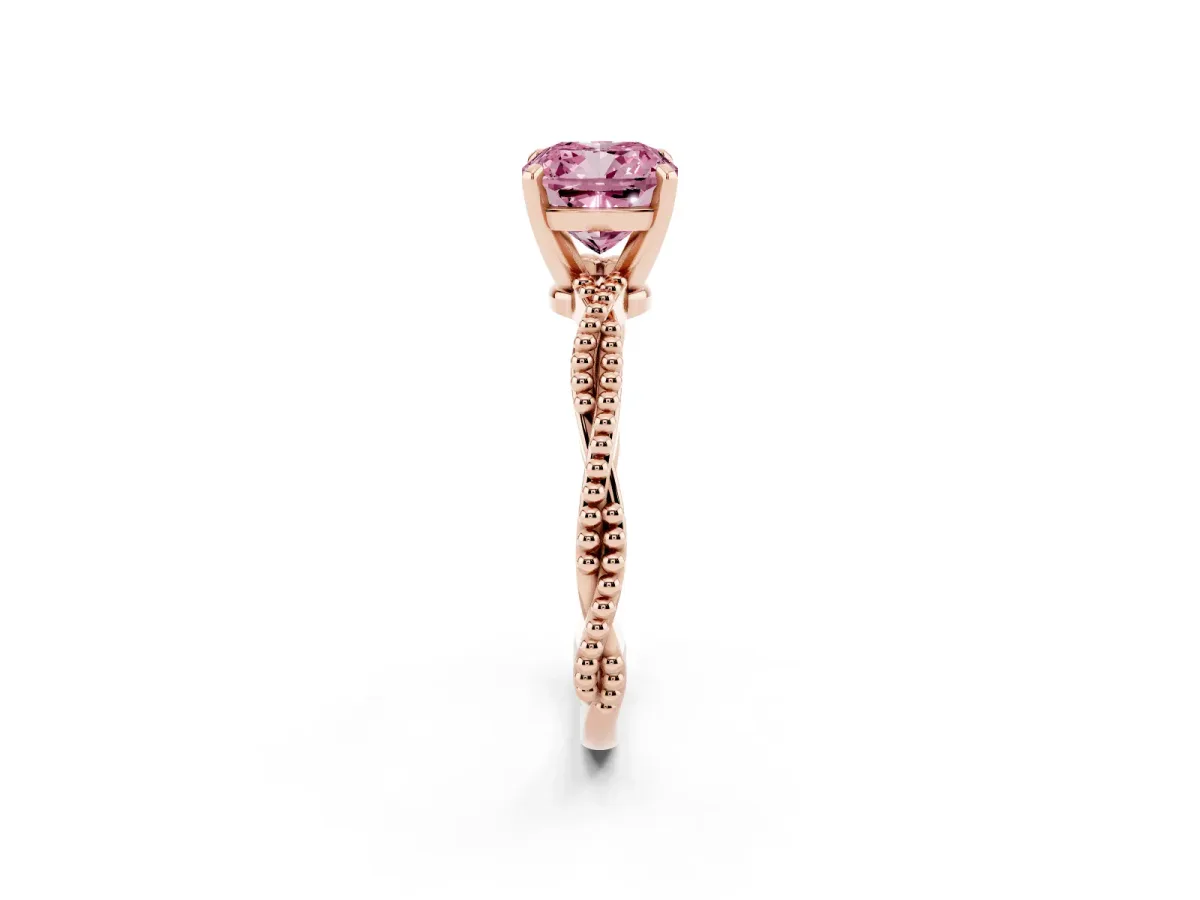 Fancy Pink Cushion Cut Solitaire Twisted Band with Bead Prong Setting Rose gold