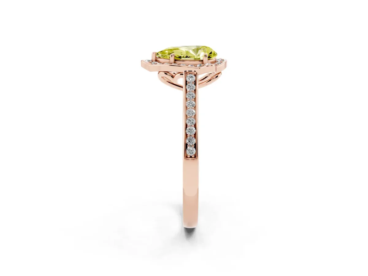 Fancy Yellow Pear Cut Halo Round Diamond Pave Band with Four-Prong Setting Rose gold