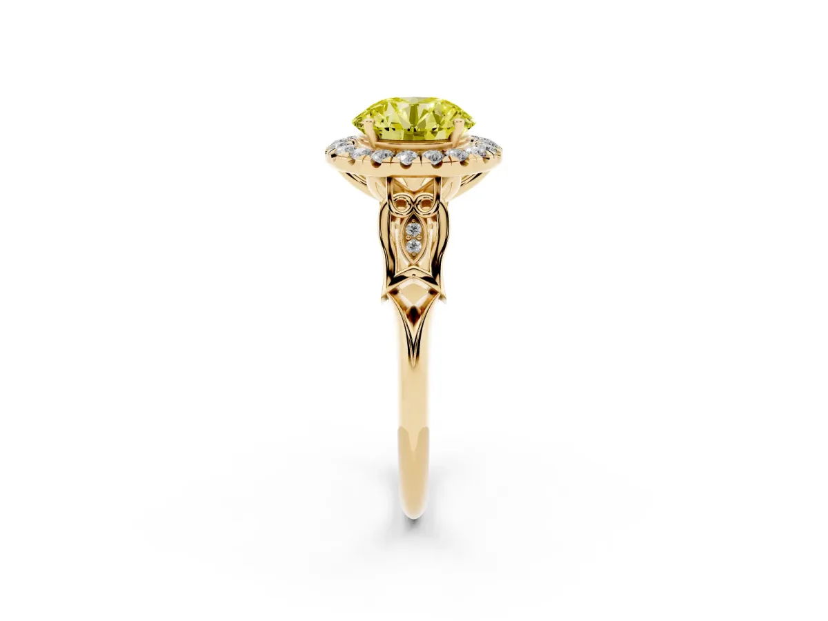 Fancy Yellow Round Cut Halo Diamond Engagement Ring with Filigree Band and Four-Prong Setting Yellow gold