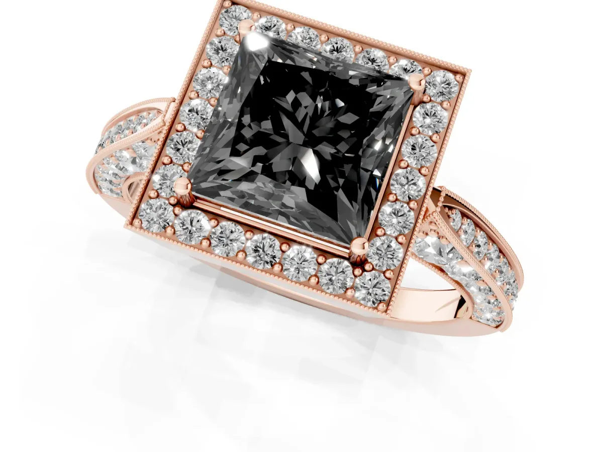 Fancy Black Princess Cut Halo Diamond Engagement Ring with Split Shank Band and Four-Prong Setting Rose gold
