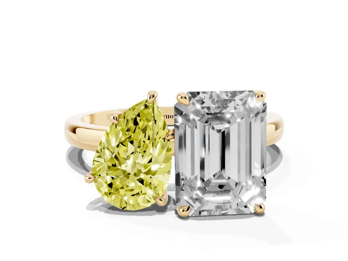 Fancy Yellow Pear Cut and Emerald Cut Toi Moi Ring with Prong Setting Yellow gold