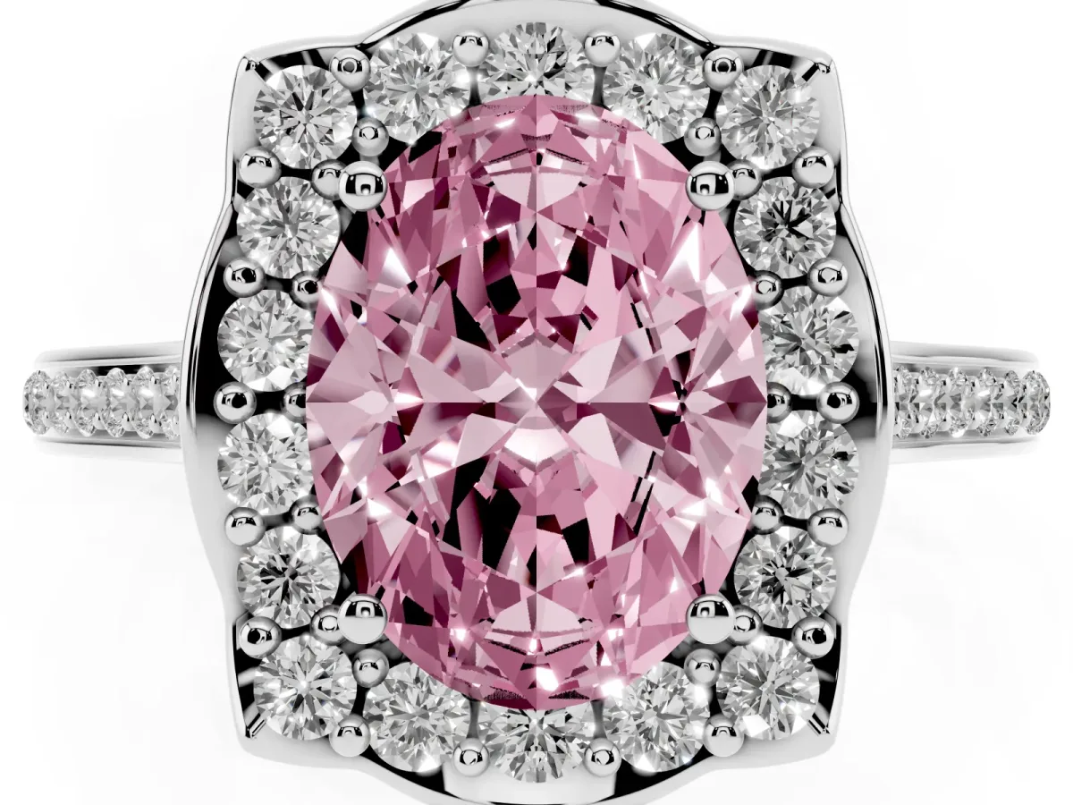 Fancy Pink Oval Cut Halo Round Diamond Pave Band with Four-Prong Setting Silver