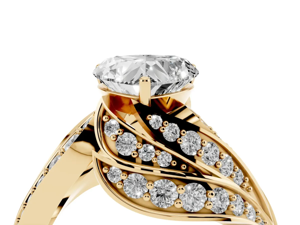 Heart Cut Diamond Solitaire Ring with Prong Setting and Twisted Pavé Band Yellow gold